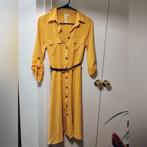 🎉3/$10🎉 NY collection small mustard yellow dress with brown belt NWOT